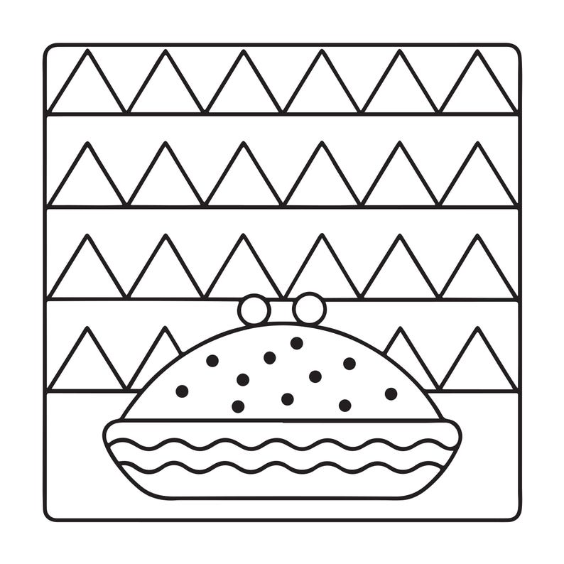 May include: A black and white line art illustration featuring a rounded coin purse with a kiss-lock clasp and polka dot pattern, positioned in front of a square background filled with three horizontal rows of repeating triangle shapes.