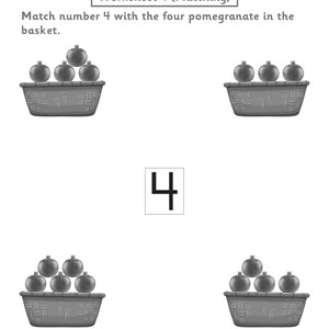 Puede incluir: Una hoja de trabajo educativa en blanco y negro titulada Worksheet 4 (Matching) con la instrucci&oacute;n de unir el n&uacute;mero 4 con cuatro granadas en una cesta. La p&aacute;gina incluye un n&uacute;mero 4 grande, cuatro cestas con distintas cantidades de granadas, una selecci&oacute;n de d&iacute;as de la semana y l&iacute;neas de firma para padres y profesores.