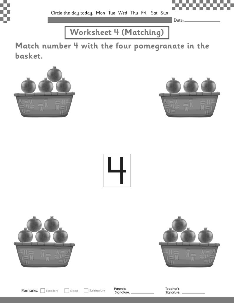 Puede incluir: Una hoja de trabajo educativa en blanco y negro titulada Worksheet 4 (Matching) con la instrucci&oacute;n de unir el n&uacute;mero 4 con cuatro granadas en una cesta. La p&aacute;gina incluye un n&uacute;mero 4 grande, cuatro cestas con distintas cantidades de granadas, una selecci&oacute;n de d&iacute;as de la semana y l&iacute;neas de firma para padres y profesores.