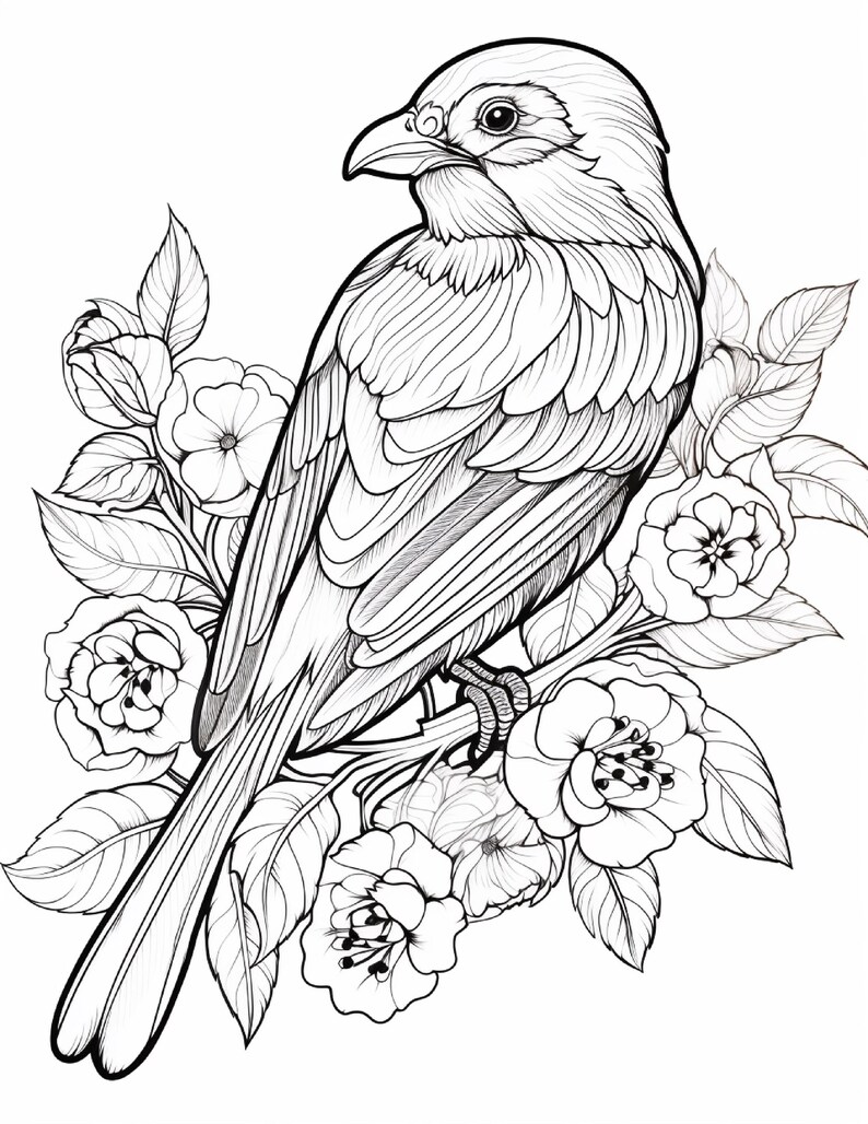 May include: A black and white line art illustration featuring a bird perched on a flowering branch. The bird is depicted with detailed feather patterns, while the surrounding blossoms and leaves are rendered with clean, bold outlines and shading.