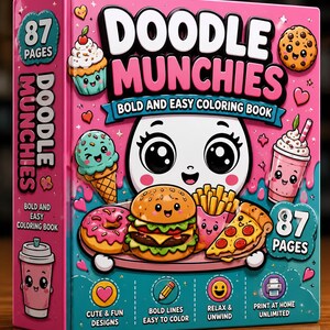 Pu&ograve; includere: Un libro da colorare rosa e verde acqua intitolato Doodle Munchies Bold and Easy Coloring Book con 87 pagine. La copertina presenta illustrazioni a cartoni animati di hamburger, patatine, pizza, ciambella, cupcake e frapp&egrave; con faccine.