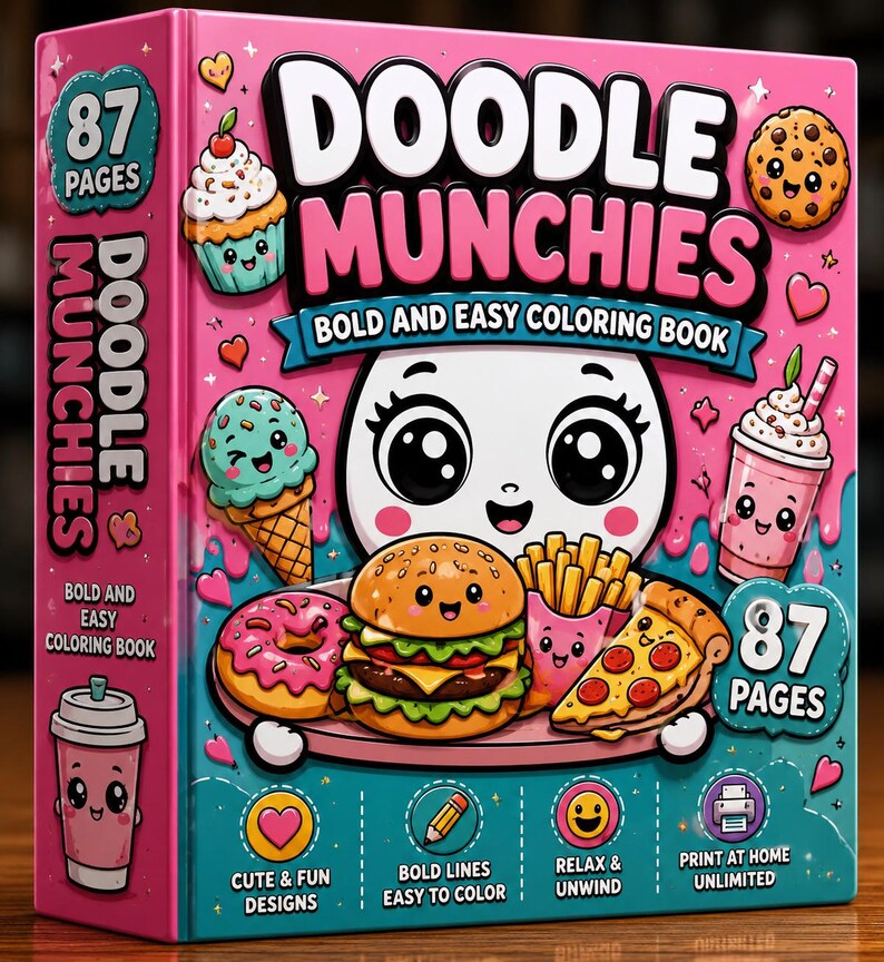 Pu&ograve; includere: Un libro da colorare rosa e verde acqua intitolato Doodle Munchies Bold and Easy Coloring Book con 87 pagine. La copertina presenta illustrazioni a cartoni animati di hamburger, patatine, pizza, ciambella, cupcake e frapp&egrave; con faccine.