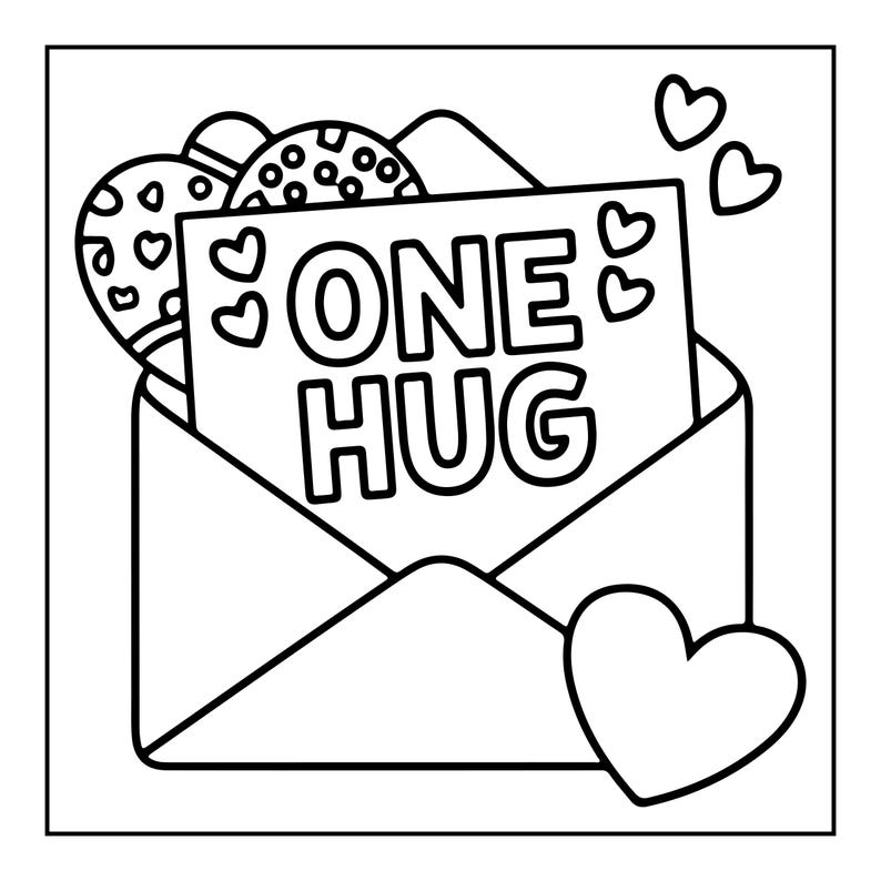 Pode incluir: Uma ilustra&ccedil;&atilde;o de arte linear em preto e branco de um envelope aberto contendo um cart&atilde;o com o texto ONE HUG. O cart&atilde;o &eacute; decorado com pequenos contornos de cora&ccedil;&otilde;es e formas adicionais de cora&ccedil;&atilde;o est&atilde;o posicionadas ao redor do envelope.