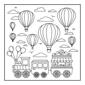K&ouml;nnte beinhalten: Eine schwarz-wei&szlig;e Strichzeichnung, die eine Dampflokomotive mit zwei angeh&auml;ngten Waggons zeigt, an deren Schornstein vier Luftballons befestigt sind. Dar&uuml;ber schweben sechs Hei&szlig;luftballons verschiedener Gr&ouml;&szlig;e zwischen Wolken und V&ouml;geln.