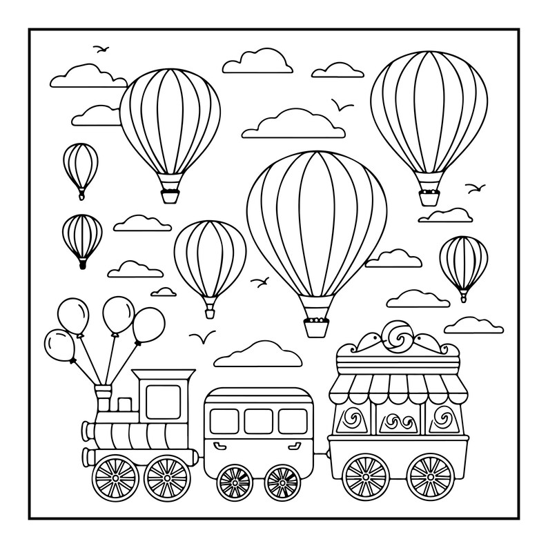 K&ouml;nnte beinhalten: Eine schwarz-wei&szlig;e Strichzeichnung, die eine Dampflokomotive mit zwei angeh&auml;ngten Waggons zeigt, an deren Schornstein vier Luftballons befestigt sind. Dar&uuml;ber schweben sechs Hei&szlig;luftballons verschiedener Gr&ouml;&szlig;e zwischen Wolken und V&ouml;geln.