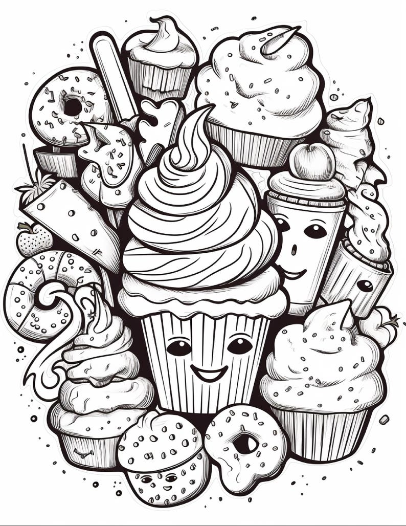 Malbuch mit süßen Leckereien | 99 Seiten mit Kawaii-Dessertmotiven (Digitaler Download) Bild 13
