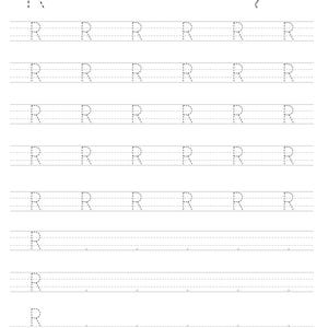 Pode incluir: Uma folha de exerc&iacute;cios educativa em preto e branco para praticar a letra R. A p&aacute;gina apresenta a palavra Rat com um pequeno desenho de linha de um rato, seguido por v&aacute;rias linhas de letras R mai&uacute;sculas pontilhadas em papel pautado.