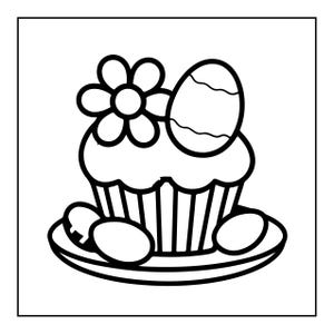 以下が含まれることがあります： 皿に乗ったカップケーキの白黒線画イラスト。カップケーキの上には花と卵が一つずつ飾られている。皿の上には、カップケーキの底を囲むようにさらに3つの卵が配置されている。