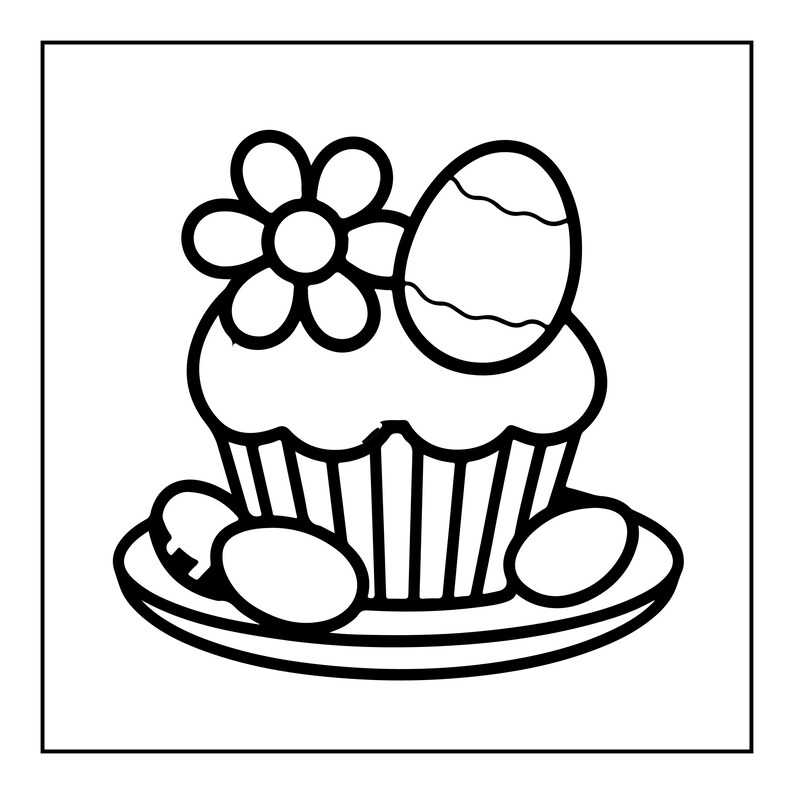 以下が含まれることがあります： 皿に乗ったカップケーキの白黒線画イラスト。カップケーキの上には花と卵が一つずつ飾られている。皿の上には、カップケーキの底を囲むようにさらに3つの卵が配置されている。