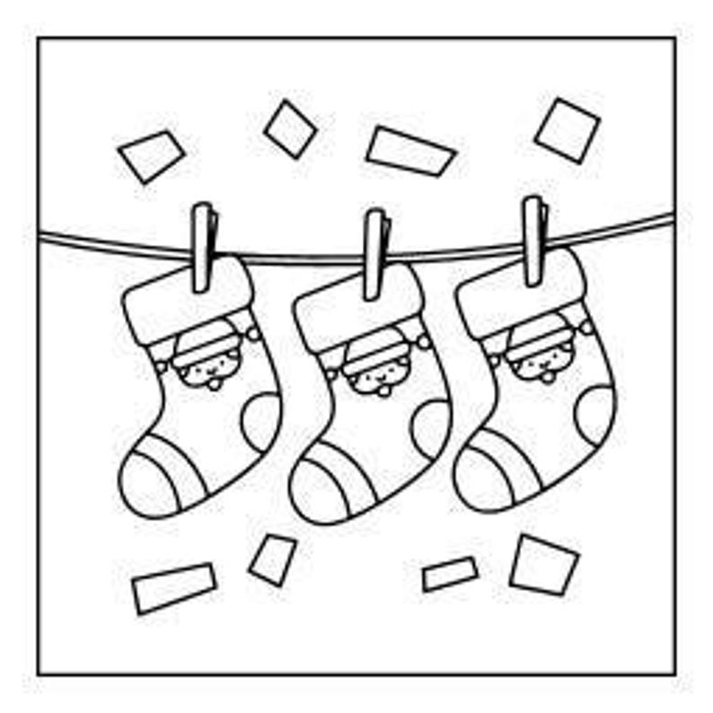 A line drawing of three Christmas stockings, each with a Santa face, hanging on a line with confetti shapes around them.