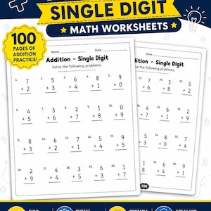 May include: A set of 100 page addition single digit math worksheets with a dark blue background. The worksheets feature numbered problems like 7+2 and 5+3. Text includes 100 PAGE ADDITION SINGLE DIGIT MATH WORKSHEETS, 100 PAGES OF ADDITION PRACTICE, and BUILD MATH CONFIDENCE.
