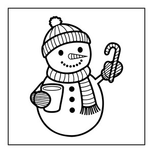 以下が含まれることがあります： ポンポン付きのニット帽とストライプ柄のマフラーを身につけた雪だるまの白黒線画イラスト。雪だるまには人参の鼻、点描の口元、胴体に3つのボタンがある。片手にマグカップ、もう片方の手にキャンディケインを持っている。