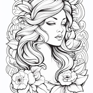 May include: A black and white line art illustration featuring a portrait of a person with long, flowing hair surrounded by intricate floral patterns and swirling decorative elements. The design highlights detailed leaves and two prominent blossoms.