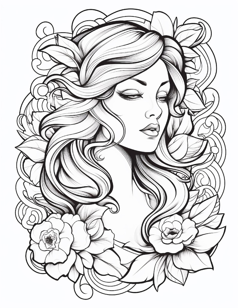 May include: A black and white line art illustration featuring a portrait of a person with long, flowing hair surrounded by intricate floral patterns and swirling decorative elements. The design highlights detailed leaves and two prominent blossoms.