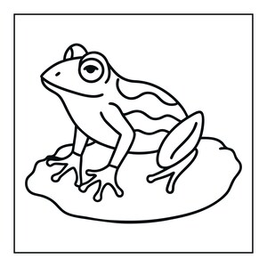 May include: A black and white line art illustration of a frog sitting on a lily pad. The frog is depicted in profile with simple, bold outlines, featuring a smooth back, visible eyes, and webbed feet, resting on a rounded, organic shape.