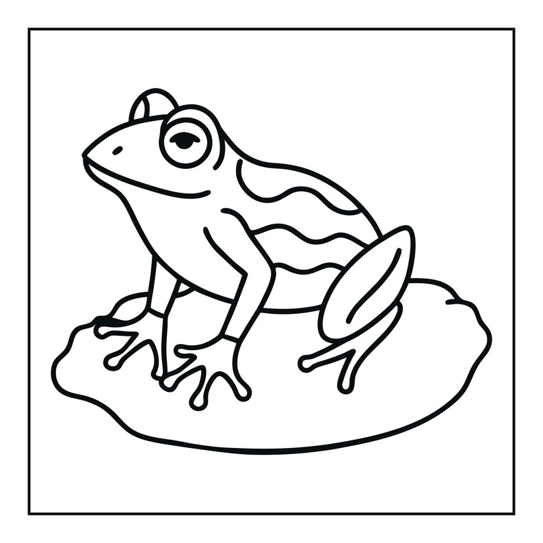 May include: A black and white line art illustration of a frog sitting on a lily pad. The frog is depicted in profile with simple, bold outlines, featuring a smooth back, visible eyes, and webbed feet, resting on a rounded, organic shape.