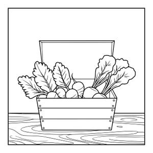 May include: A black and white line art illustration of a wooden crate filled with several root vegetables, including radishes with leafy green tops. The crate features horizontal slats and visible nail heads at the corners, presented in a simple style.