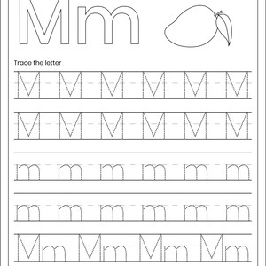 May include: A black and white educational worksheet titled Letter Tracing featuring the uppercase and lowercase letter Mm, a line drawing of a mango, and multiple rows of dotted lines for tracing uppercase M, lowercase m, and the combination Mm.
