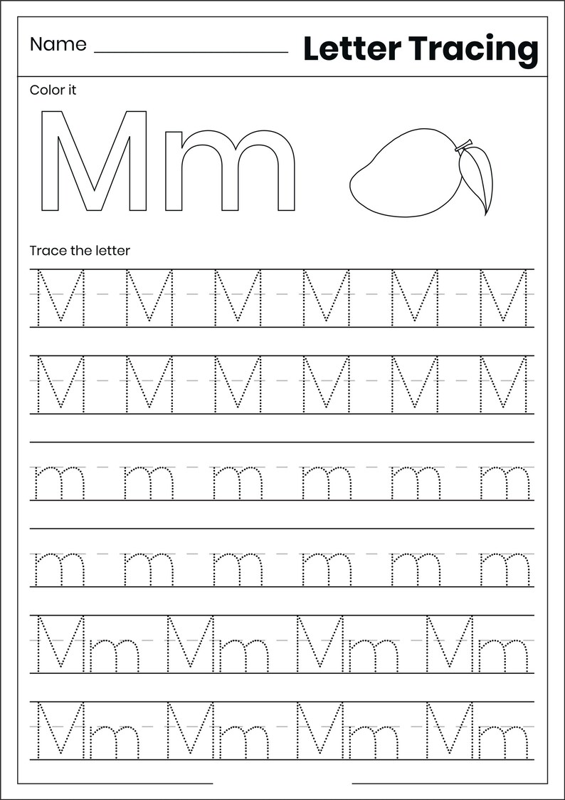 May include: A black and white educational worksheet titled Letter Tracing featuring the uppercase and lowercase letter Mm, a line drawing of a mango, and multiple rows of dotted lines for tracing uppercase M, lowercase m, and the combination Mm.