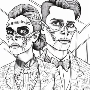 Op de afbeelding: Een zwart-wit lijntekening van twee figuren met skeletachtige gelaatstrekken en blootliggende mechanische of structurele elementen. Beide figuren dragen formele kleding, waaronder jasjes met patronen, waarvan er &eacute;&eacute;n een vlinderdas draagt.