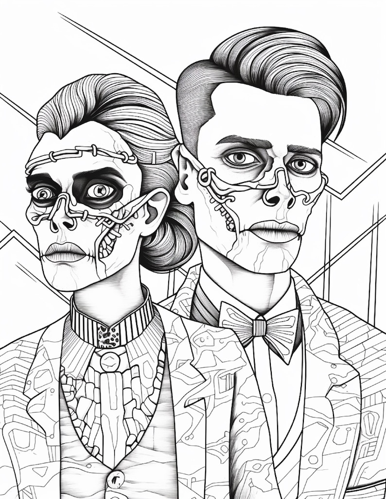 Op de afbeelding: Een zwart-wit lijntekening van twee figuren met skeletachtige gelaatstrekken en blootliggende mechanische of structurele elementen. Beide figuren dragen formele kleding, waaronder jasjes met patronen, waarvan er &eacute;&eacute;n een vlinderdas draagt.