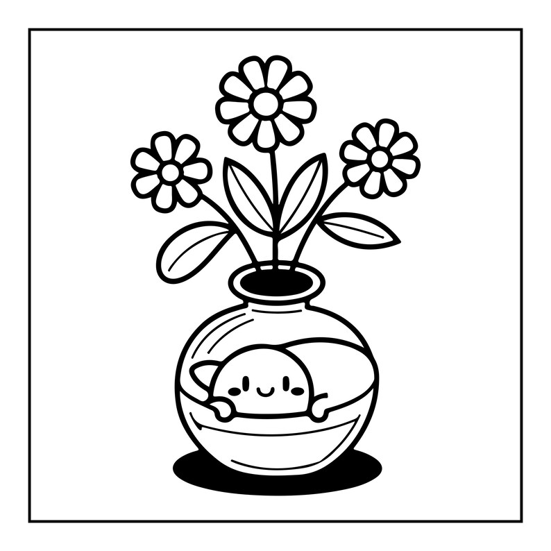 May include: A black and white line art illustration of a small, smiling cat curled up inside a round glass bowl. Three simple flowers with circular centers and rounded petals emerge from the top of the bowl, accompanied by several pointed leaves.