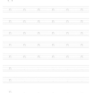 May include: A black and white educational handwriting practice worksheet featuring the letter n. The page includes the word nose, a small line drawing of a nose, and multiple rows of dashed letter n characters for tracing on lined paper.