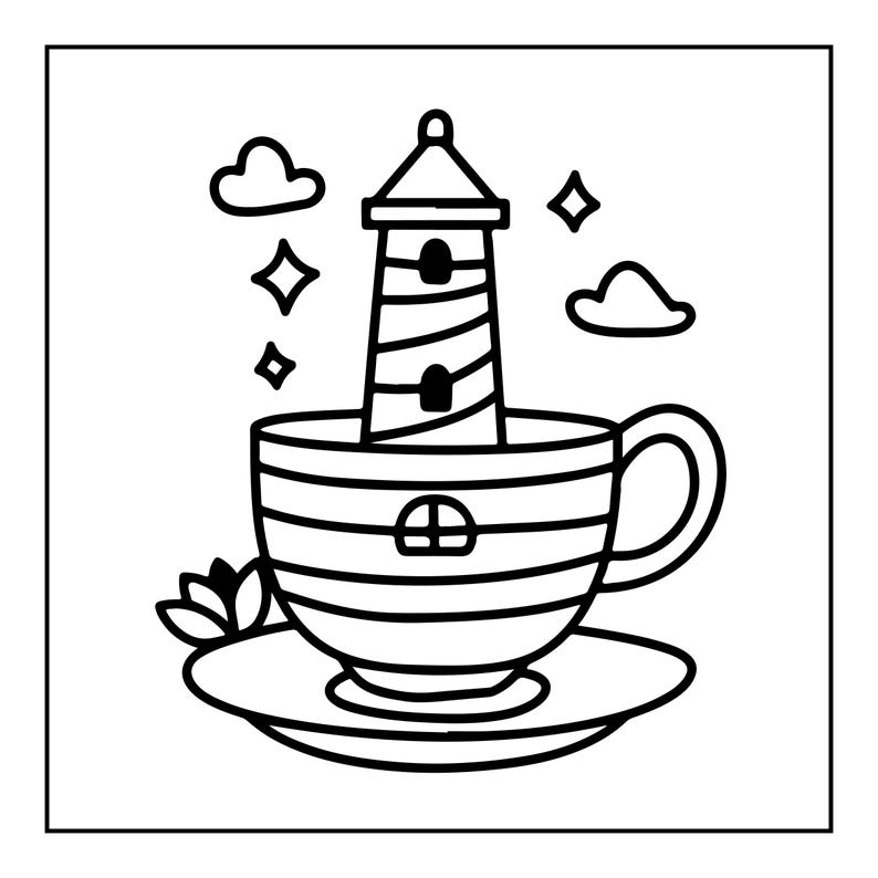 May include: A black and white line art illustration featuring a lighthouse emerging from a teacup on a saucer. The cup has horizontal stripes and a small window, while the lighthouse has a conical roof. Clouds and four-pointed stars surround it.