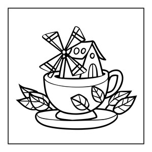 May include: A black and white line art illustration featuring a windmill house sitting inside a teacup on a saucer. The teacup is decorated with leaf patterns, and additional leaves are arranged around the base of the saucer, creating a nature-inspired scene.
