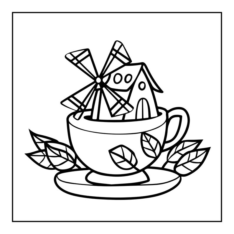 May include: A black and white line art illustration featuring a windmill house sitting inside a teacup on a saucer. The teacup is decorated with leaf patterns, and additional leaves are arranged around the base of the saucer, creating a nature-inspired scene.