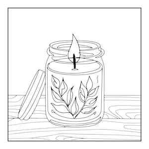 May include: A black and white line art illustration of a lit candle in a glass jar. The jar features a botanical leaf design on the front and sits next to its detached lid. The candle has a visible flame and is positioned on a wooden surface.