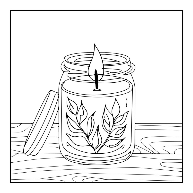 May include: A black and white line art illustration of a lit candle in a glass jar. The jar features a botanical leaf design on the front and sits next to its detached lid. The candle has a visible flame and is positioned on a wooden surface.