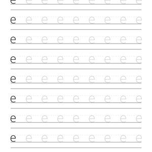 May include: A white educational worksheet featuring nine horizontal rows of black text. Each row begins with a solid lowercase letter e, followed by eight dashed-line versions of the same letter, designed for handwriting practice and letter tracing.