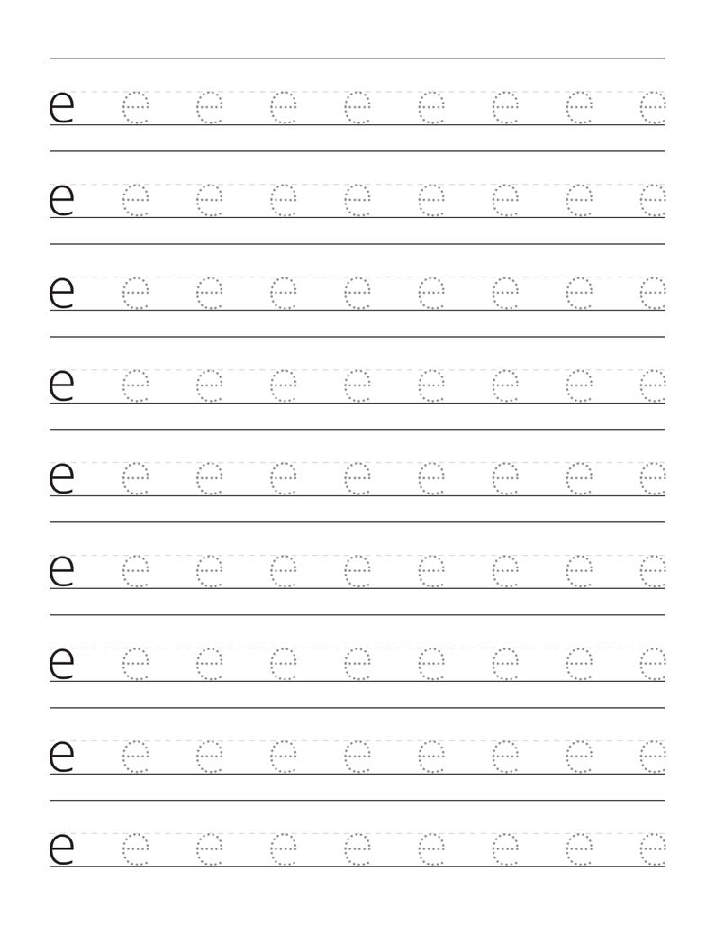 May include: A white educational worksheet featuring nine horizontal rows of black text. Each row begins with a solid lowercase letter e, followed by eight dashed-line versions of the same letter, designed for handwriting practice and letter tracing.