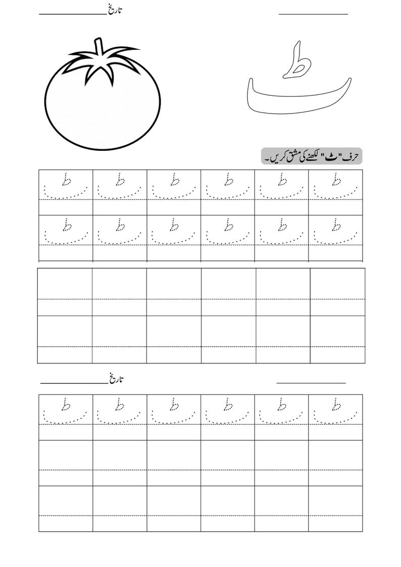 Printable Urdu tracing worksheet page for letter Ttay featuring a tomato outline and dotted writing rows.