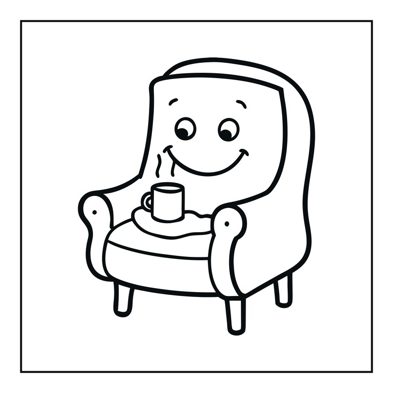 May include: A black and white line art illustration of an armchair with a smiling face. The chair features a curved backrest, rounded armrests, and four short legs. A steaming mug sits on a small tray placed on the seat of the armchair.