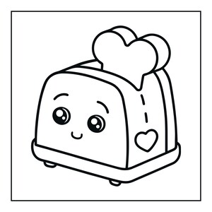 May include: A black and white line art illustration of a toaster with a smiling face, large circular eyes, and arched eyebrows. A single slice of bread shaped like a heart is popping out of the top, and a small heart icon is on the side.