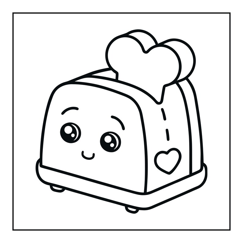 May include: A black and white line art illustration of a toaster with a smiling face, large circular eyes, and arched eyebrows. A single slice of bread shaped like a heart is popping out of the top, and a small heart icon is on the side.