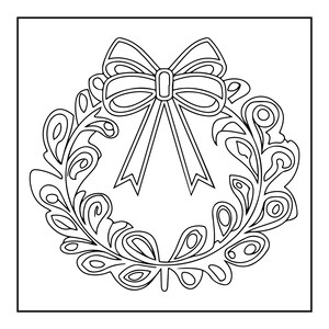 Op de afbeelding: Een zwart-witte lijntekening van een cirkelvormige krans met gestileerde, wervelende bladpatronen en een opvallende strik die bovenaan in het midden is vastgemaakt met twee lange, hangende linten, gepresenteerd binnen een vierkant kader.