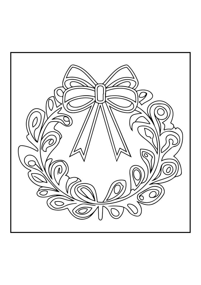 Op de afbeelding: Een zwart-witte lijntekening van een cirkelvormige krans met gestileerde, wervelende bladpatronen en een opvallende strik die bovenaan in het midden is vastgemaakt met twee lange, hangende linten, gepresenteerd binnen een vierkant kader.