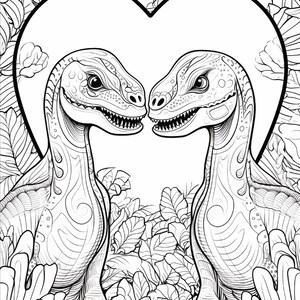 Pu&ograve; includere: Un'illustrazione in bianco e nero da colorare che raffigura due dinosauri l'uno di fronte all'altro all'interno di una grande forma a cuore. I dinosauri sono circondati da un fogliame tropicale dettagliato con linee complesse nel disegno.