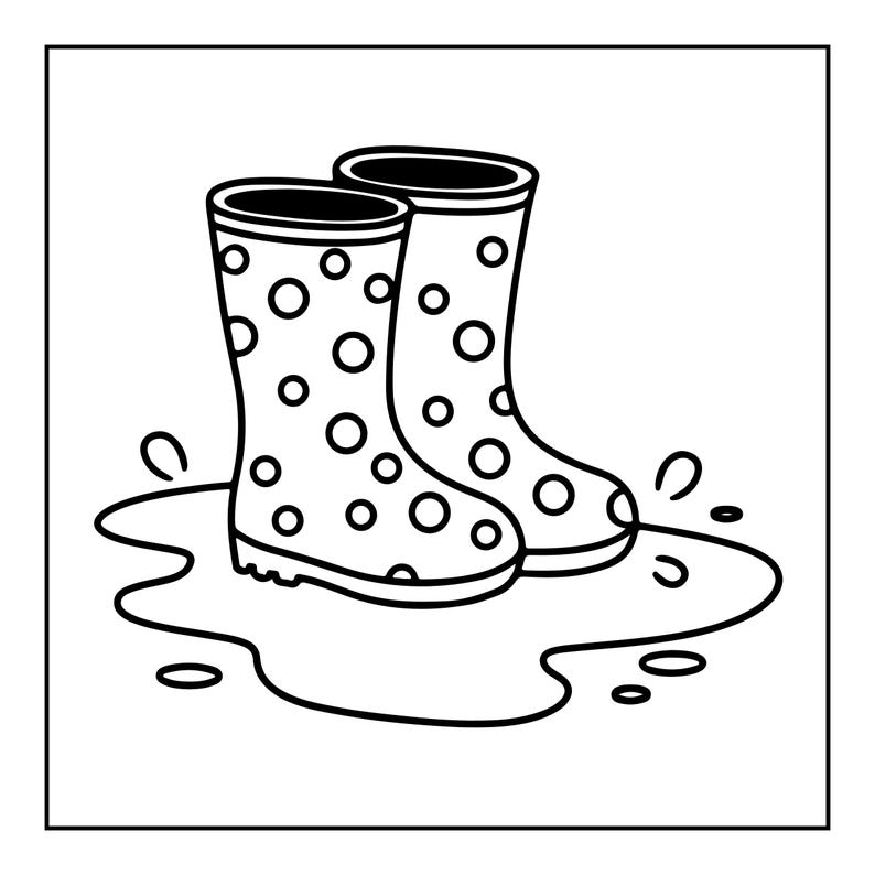 May include: A black and white line art illustration of a pair of polka dot rain boots standing in a puddle. The boots feature a repeating circular pattern across the surface, with a thick sole and a defined opening at the top of each boot.