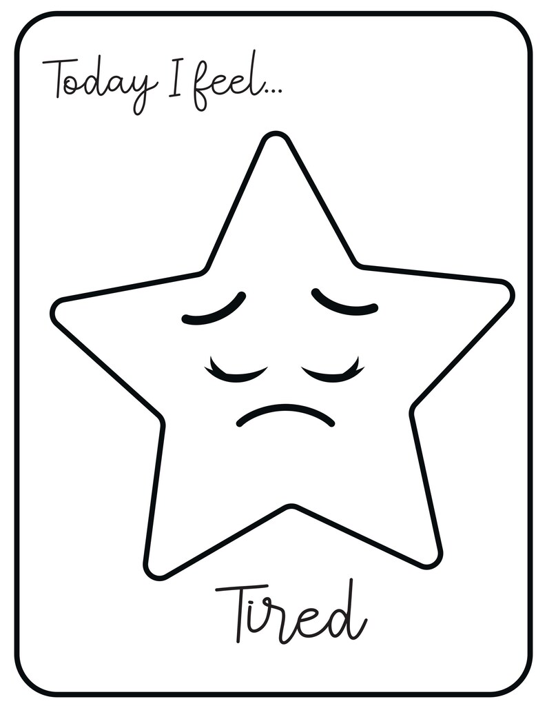 A printable flashcard featuring a tired star face with droopy eyes, labeled Today I feel... and Tired.