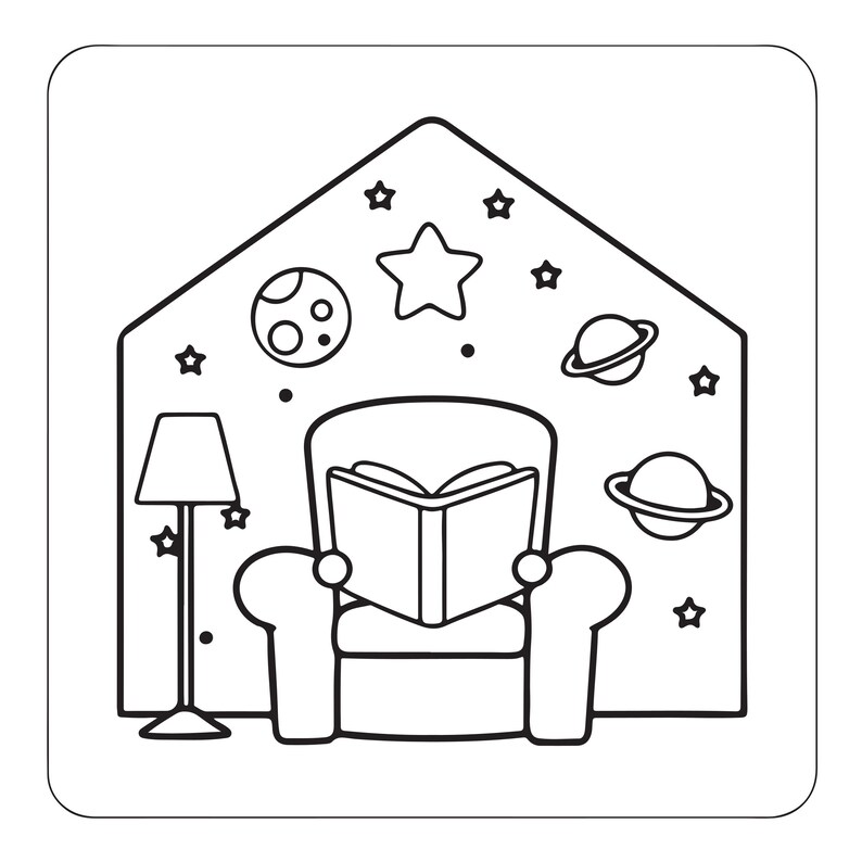 May include: A black and white line art illustration featuring an armchair with an open book, a floor lamp, and a wall decorated with stars, a moon, and two planets, all enclosed within a house-shaped outline for a colouring page design.
