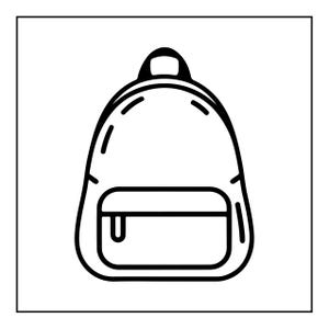 Puede incluir: Una ilustraci&oacute;n de arte lineal en blanco y negro de una mochila. La mochila presenta un compartimento principal redondeado, un asa superior y un bolsillo frontal m&aacute;s peque&ntilde;o con un tirador de cremallera visible en l&iacute;neas claras.