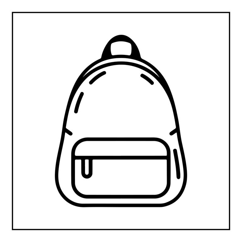 Puede incluir: Una ilustraci&oacute;n de arte lineal en blanco y negro de una mochila. La mochila presenta un compartimento principal redondeado, un asa superior y un bolsillo frontal m&aacute;s peque&ntilde;o con un tirador de cremallera visible en l&iacute;neas claras.