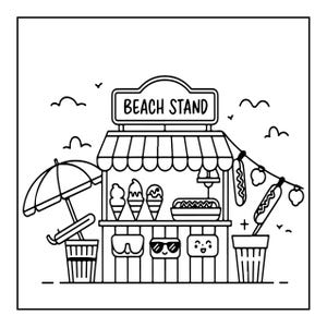 K&ouml;nnte beinhalten: Eine schwarz-wei&szlig;e Strichzeichnung eines Strandstandes mit gestreifter Markise und einem Schild mit der Aufschrift BEACH STAND. Der Stand zeigt Eist&uuml;ten, Hotdogs und dekorative Symbole. Ein Sonnenschirm und Beh&auml;lter sind zu sehen.