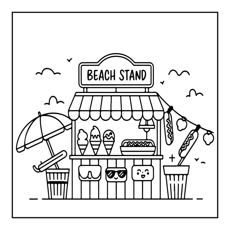 K&ouml;nnte beinhalten: Eine schwarz-wei&szlig;e Strichzeichnung eines Strandstandes mit gestreifter Markise und einem Schild mit der Aufschrift BEACH STAND. Der Stand zeigt Eist&uuml;ten, Hotdogs und dekorative Symbole. Ein Sonnenschirm und Beh&auml;lter sind zu sehen.