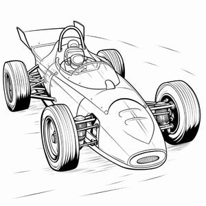Black and white coloring page of a vintage open-wheel race car driving fast with motion lines across the ground.
