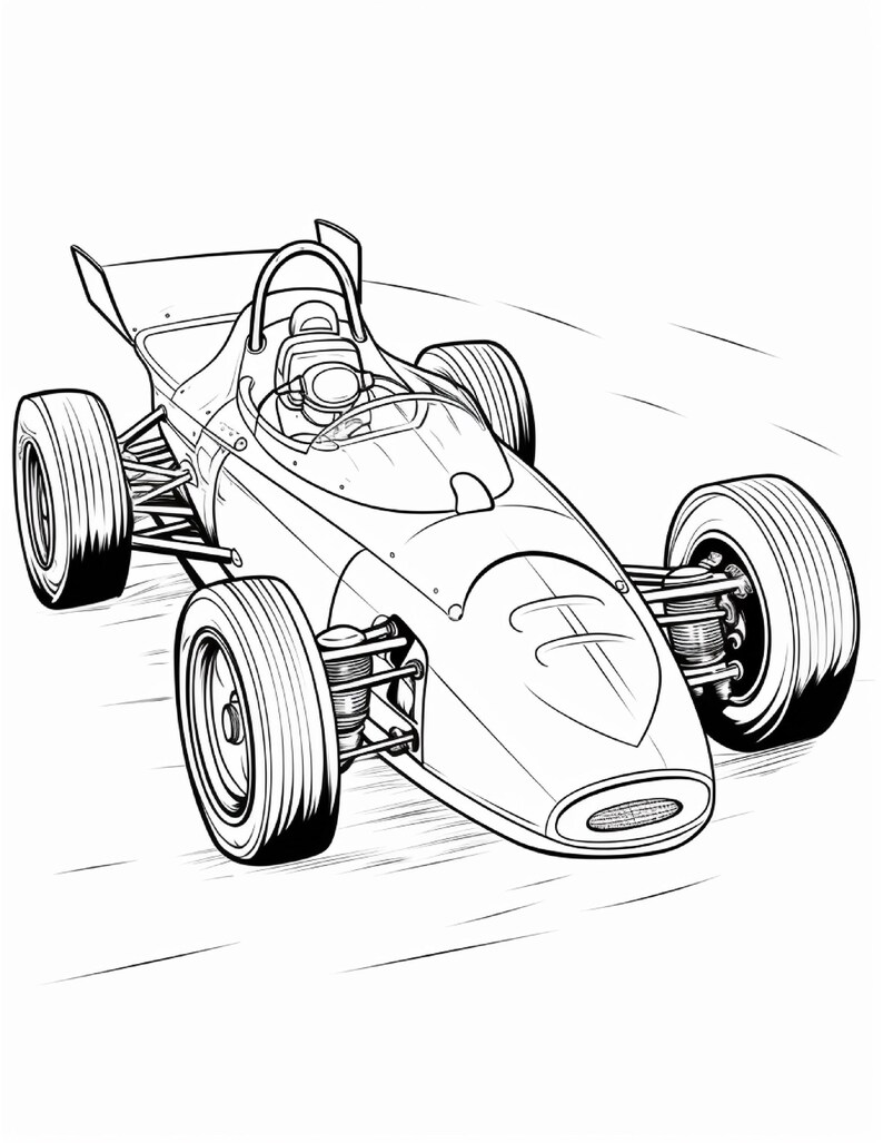 Black and white coloring page of a vintage open-wheel race car driving fast with motion lines across the ground.